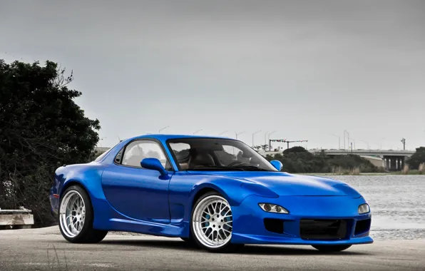 Picture water, blue, tuning, Mazda, blue, tuning, water, tree, Mazda, rx-7