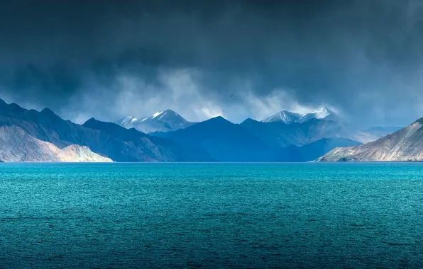 Picture clouds, lake, rain, India, Jammu and Kashmir, Pangong, Ladakh