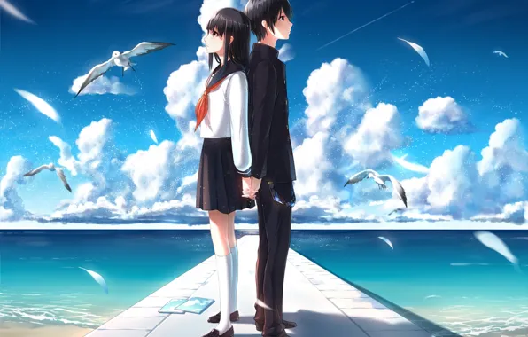 Picture the sky, girl, clouds, the ocean, seagulls, anime, art, form, guy, students, phantania
