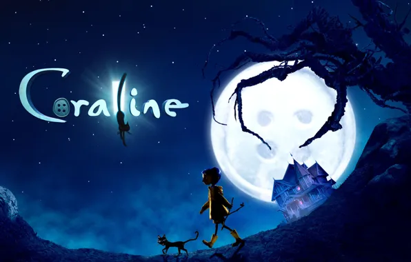 Picture cat, house, tree, the moon, cartoon, girl, button, scary story, Coraline, Coraline, Coralyn