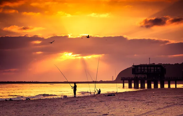 Picture beach, sea, sunset, pier, fishing