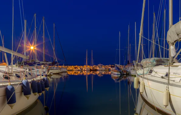 Picture night, lights, Bay, yachts, boats