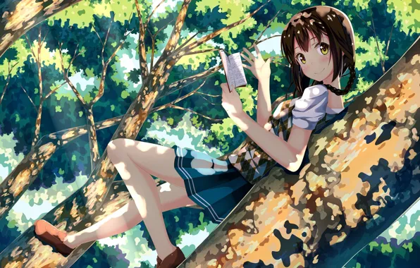 Picture girl, the sun, trees, smile, branch, foliage, anime, art, book, schoolgirl, suraimubesulove, suke