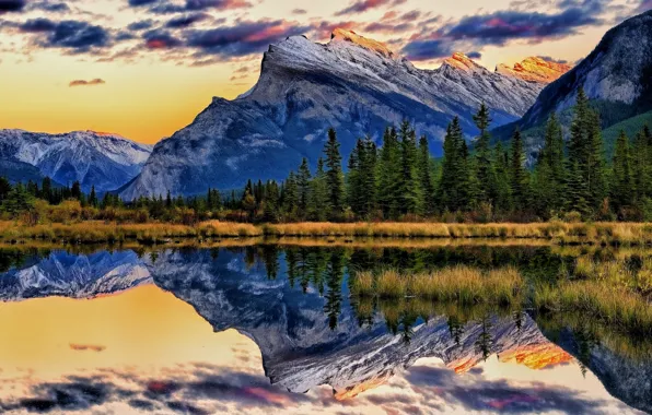 Picture mountains, lake, reflection, Canada, Albert, Banff National Park, Alberta, Canada, Banff, Mount Rundle, Vermillion Lakes