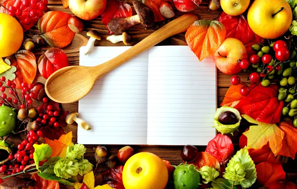 Picture autumn, leaves, berries, table, apples, mushrooms, briar, spoon, notebook, wood, chestnuts, acorns