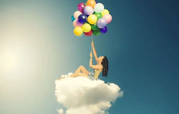 Picture the sky, girl, clouds, balls, balloons, background, Wallpaper, mood, woman, colored, cloud, wallpaper, widescreen, background, …