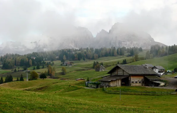 Picture clouds, mountains, field, Alps, Italy, houses, meadows, Alpe Di Siusi / Seiser Alm