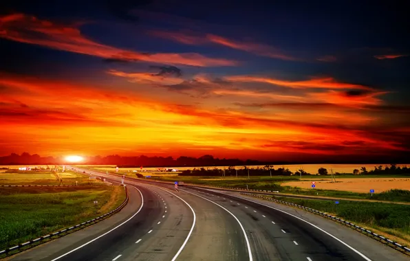 Picture the sky, grass, clouds, landscape, sunset, nature, road
