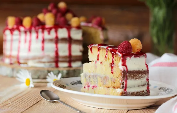 Picture raspberry, chamomile, cake, dessert, piece, jam
