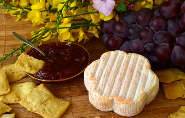 Picture photo, food, cheese, grapes, jam, chips