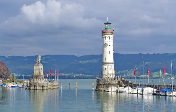 Picture mountains, lighthouse, Bayern, harbour, Baden lake, Lindau