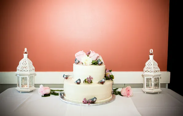 Picture birds, roses, candles, lantern, cake, wedding, decor, wedding, lamp, Cakes, Candles, Sweets