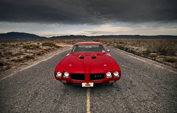 Picture road, the storm, clouds, hills, lights, front, Pontiac, GTO, 1970 GTO