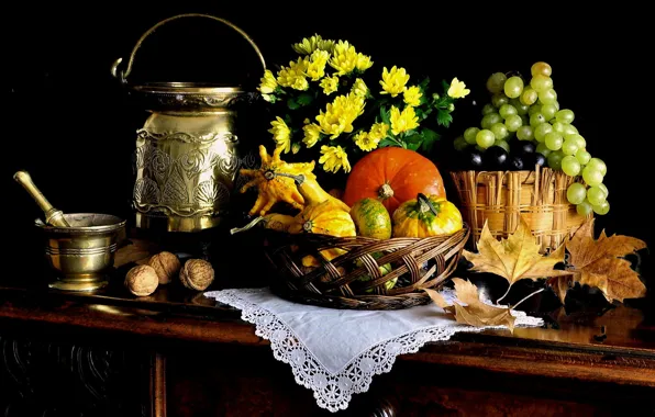 Picture leaves, grapes, pumpkin, fruit, nuts, still life, basket, cans