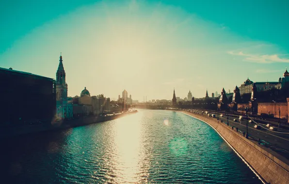 Picture water, the sun, landscape, bridge, the city, Moscow, spring
