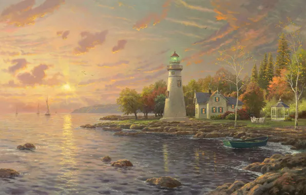 Picture autumn, sunset, lake, house, boat, lighthouse, the evening, sail, calm, painting, gazebo, Thomas Kinkade, painting, …