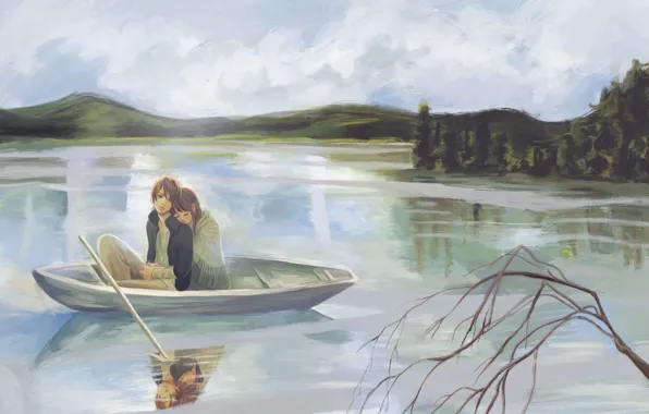 Picture girl, lake, boat, figure, branch, guy, yano motoharu, bokura ga ita, takahashi nanami