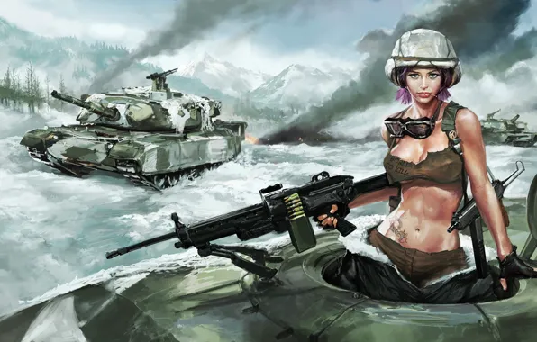 Picture girl, snow, tank, machine gun