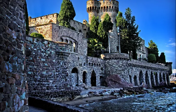 Picture water, trees, stones, wall, France, tower, fortress, Chateau de la Napoule