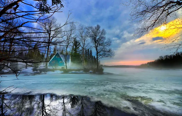 Picture house, Canada, river, winter, lake, snow, dawn, mist, hut