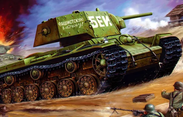 Picture war, art, painting, tank, ww2, KV-1