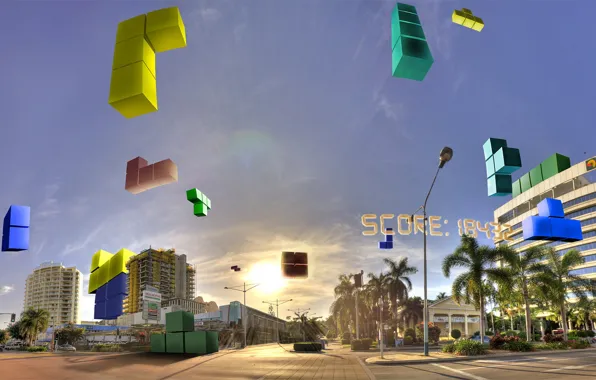 Picture the sky, the city, blocks, Tetris, score