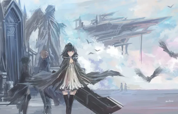 Picture the sky, clouds, birds, girls, wings, ships, angel, anime, art, statue, guy, swd3e2