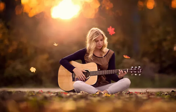 Picture autumn, girl, guitar, Autumn Melody