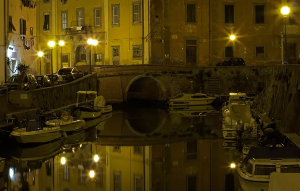 Picture night, bridge, lights, boat, home, lights, Tuscany, Livorno, Italia