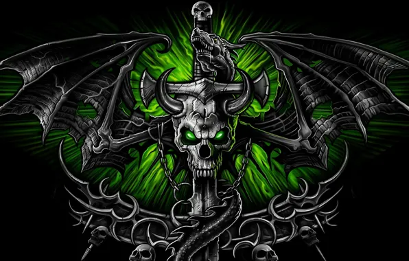 Picture green, background, dragon, skull, wings, sword, horns, sword, Sake, dragon