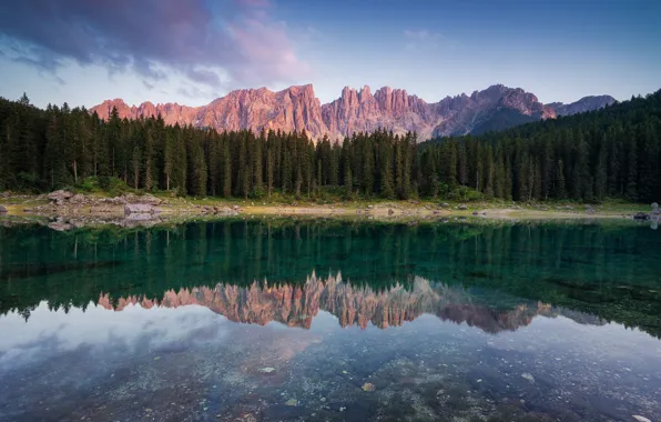 Picture trees, sunset, mountains, lake, reflection, Italy, The Dolomites, Carezza
