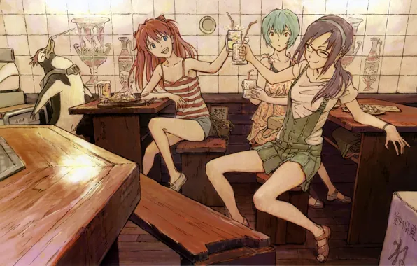 Picture girls, cafe, penguin, booze