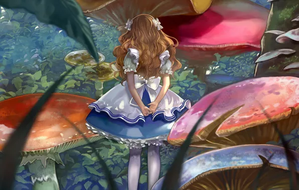 Picture mushrooms, Alice, girl, bows, Alice in Wonderland, Alice