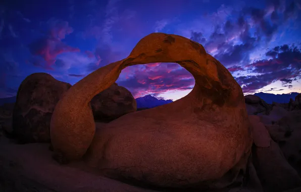Picture clouds, sunset, rocks, Nature, the evening, CA, arch, USA, Alabama Hills, Mobius Arch