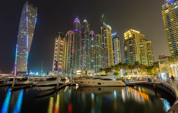 Picture building, Bay, Dubai, night city, Dubai, promenade, skyscrapers, UAE, UAE, Marina, Dubai Marina, Dubai Marina