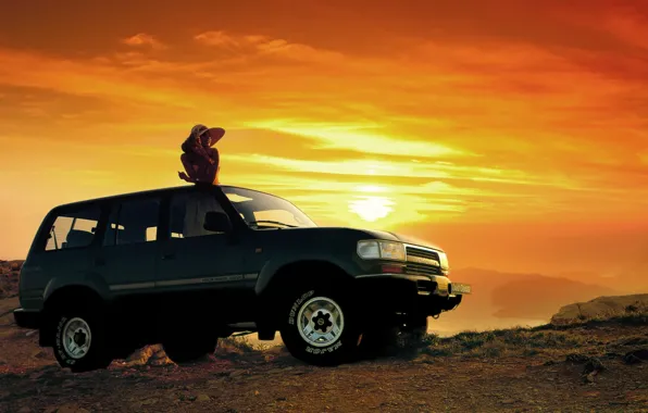 Picture girl, sunset, background, jeep, SUV, Toyota, the front, Toyota, Land Cruiser, Land Cruiser