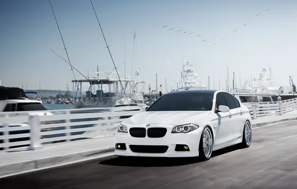 Picture BMW, speed, yachts, BMW, pier, white, white, F10, 5 Series