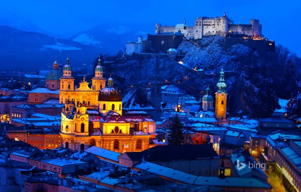Picture winter, snow, mountains, night, lights, castle, home, Austria, Salzburg