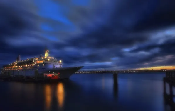 Picture sunset, clouds, lights, ship, twilight, harbour
