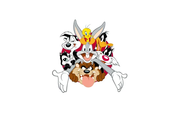 Picture minimalism, white background, Taz, Daffy Duck, Sylvester the Cat, Looney Tunes, Bugs Bunny, Tasmanian Devil, …