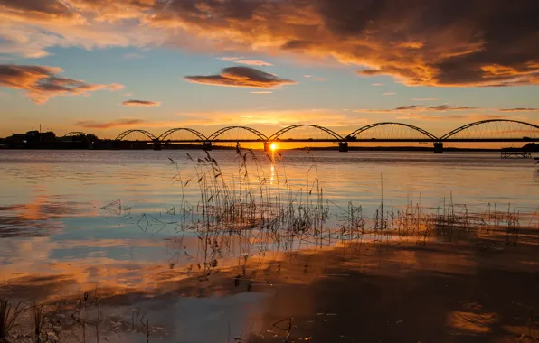 Picture autumn, the sky, water, the sun, clouds, light, bridge, morning, Sweden, October, Norrbotten län, komuna …