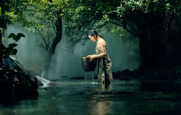 Picture water, girl, stream, basket