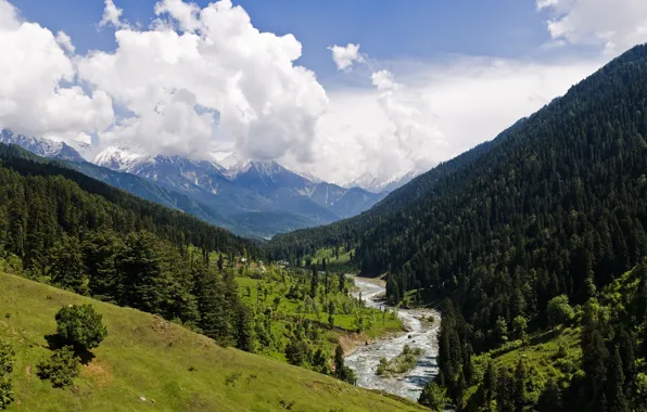 Picture mountains, river, valley, India, pahalgam valley, kashmir