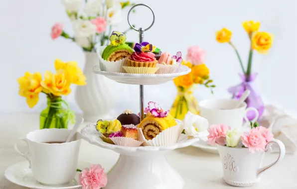 Picture flowers, tea, cakes, cakes, tea, afternoon tea, послеобеденный чай