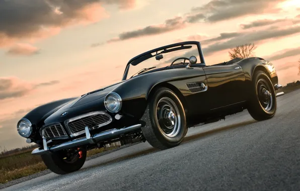 Picture road, the sky, sunset, black, BMW, BMW, sports car, convertible, the front, 1957, Series 2, …