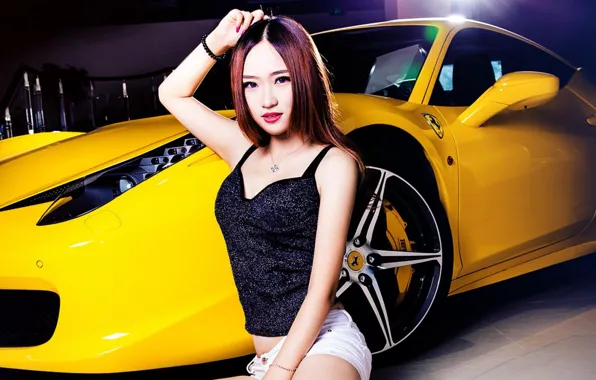 Picture look, girl, Girls, hairstyle, Ferrari, Asian, yellow car
