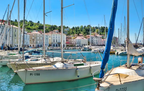 Picture building, home, boats, Piran, Slovenia, Slovenia, The Adriatic sea, Piran, The Bay of Piran, Adriatic …