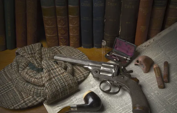 Picture gun, weapon, hat, police, Colt, paper, revolver, books, nose, Sherlock Holmes, mystery, tobacco, cigars, pipe, …