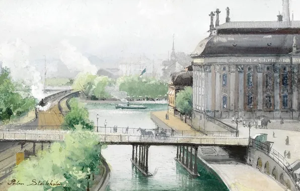 Picture bridge, the city, river, street, the building, railroad, Stockholm, ann palm