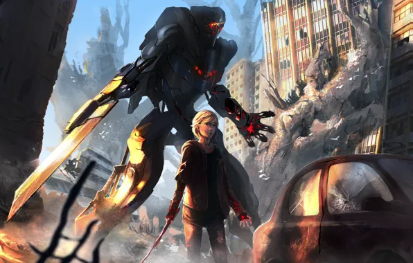 Picture machine, girl, the city, weapons, robot, sword, art, ruins, fur